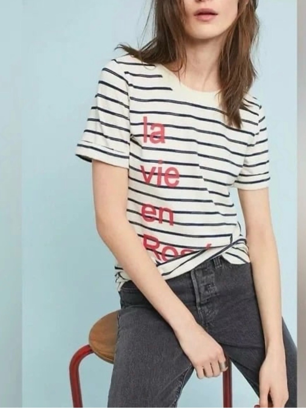 Sol Angeles Cream & Navy Striped Short-Sleeve Tee with Red Script